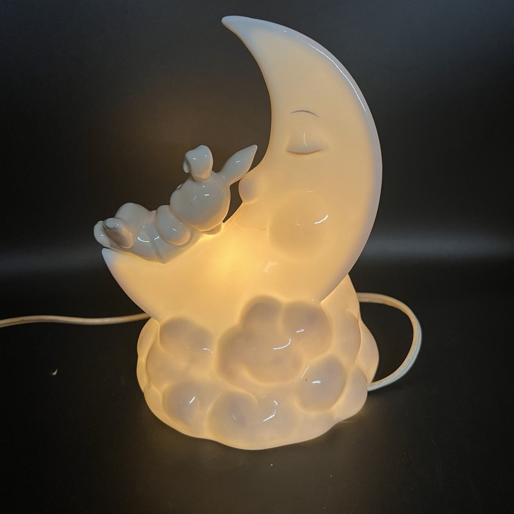 Ceramic Moon Cloud Nursery Night Light Bunny Rabbit Napping Switched Cord WORKS